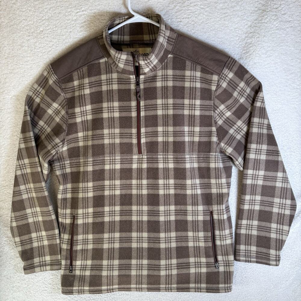 Life is Good Fleece Sweater Mens XL Brown Plaid 1/2 Zip Mock Neck Zip Pockets